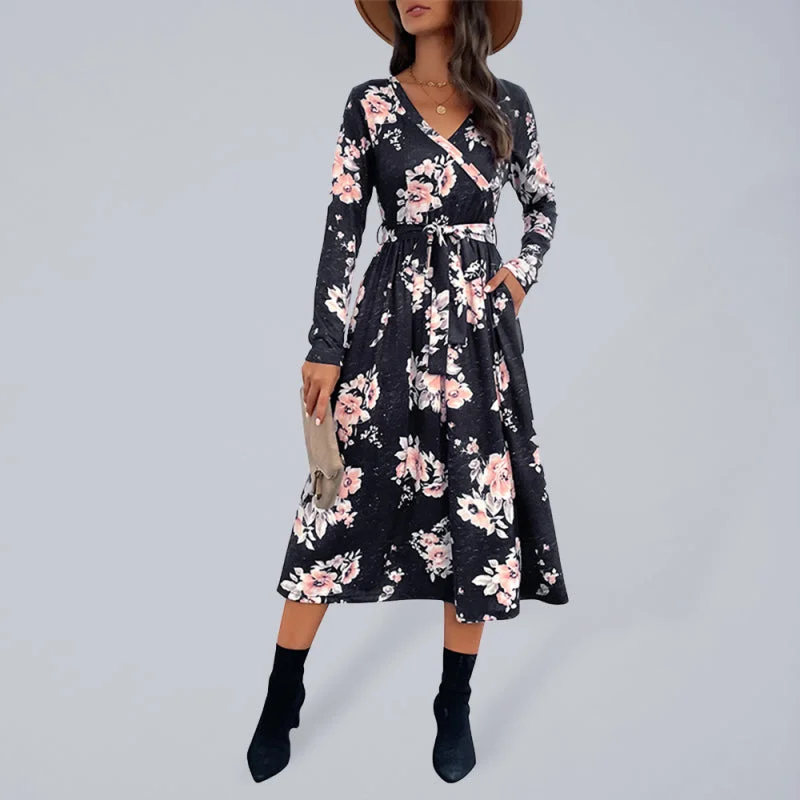 Women's V-neck long-sleeve printed mid-length dress Maxi Flowy Bohemian