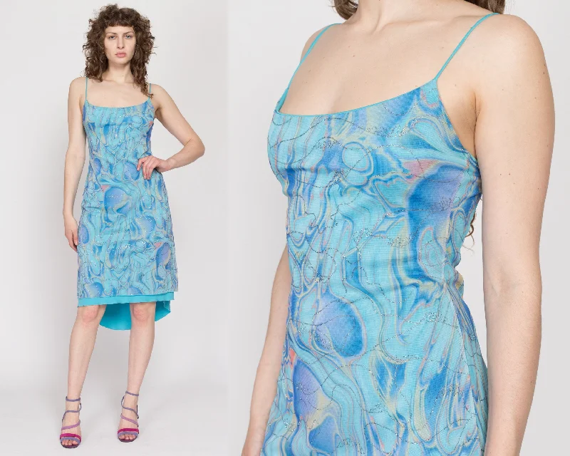 Sm-Med Y2K Blue Metallic Swirl High-Low Party Dress Tunics Leisure comfortable