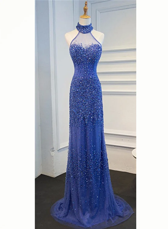 Blue Tulle Sweep Train Halter Sheer Back Beading Prom Dress, Long Party Dress Shift Classic Vintage Blue Tulle Sweep Train Halter Sheer Back Beading Prom Dress, Long Party Dress Shift Classic Vintage