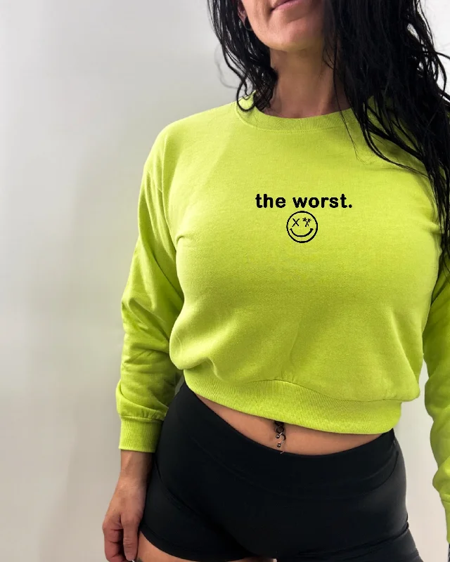 Salty Savage Ladies “the worst.” Crewneck Crop Sweatshirt | Micro Hoodie with Hem Elastic Stretchable Comfortable Salty Savage Ladies “the worst.” Crewneck Crop Sweatshirt | Micro Hoodie with Hem Elastic Stretchable Comfortable