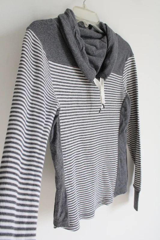 Eddie Bauer Gray White Striped Hoodie | S Hoodie with Applique Textured Unique