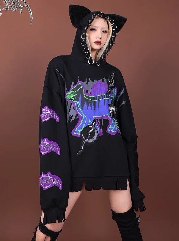 PINKSPINK Cat-Eared Neon Skeleton Hoodie - Black Hoodie with Hem Embroidery Detailed Premium PINKSPINK Cat-Eared Neon Skeleton Hoodie - Black Hoodie with Hem Embroidery Detailed Premium