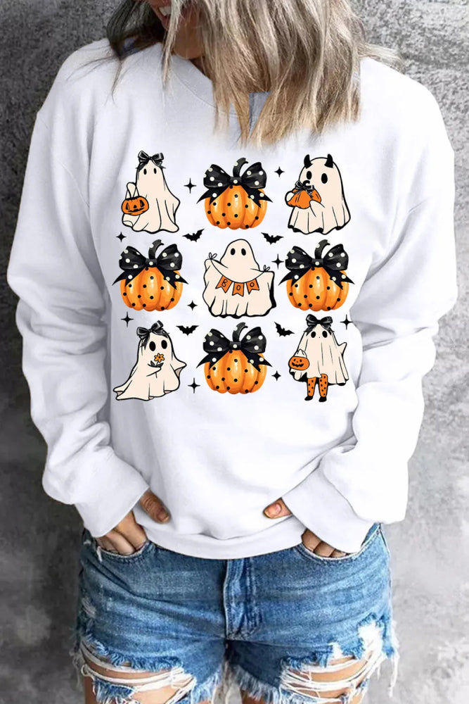 Pumpkin & Ghost White Long Sleeve Sweatshirt Hoodie with Hem Raw Edge Edgy Unfinished Pumpkin & Ghost White Long Sleeve Sweatshirt Hoodie with Hem Raw Edge Edgy Unfinished