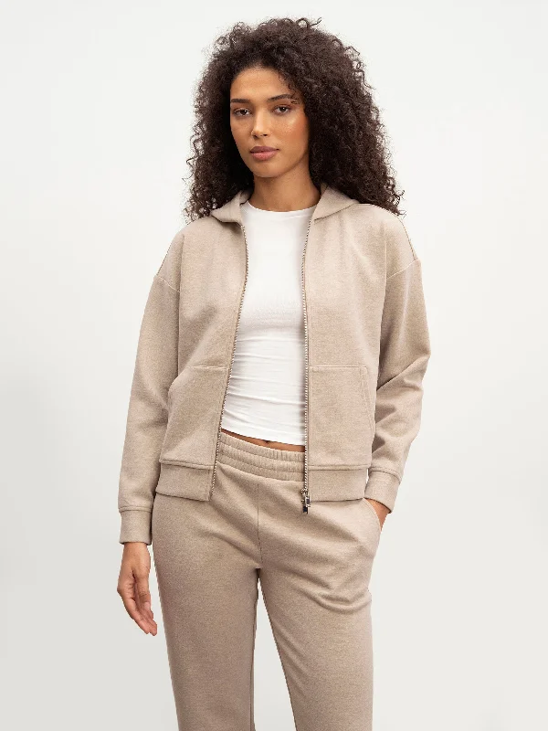 Womens Knitted Relaxed Zip Hoodie in Stone Hoodie with Set-In Sleeves Structured Classic Womens Knitted Relaxed Zip Hoodie in Stone Hoodie with Set-In Sleeves Structured Classic