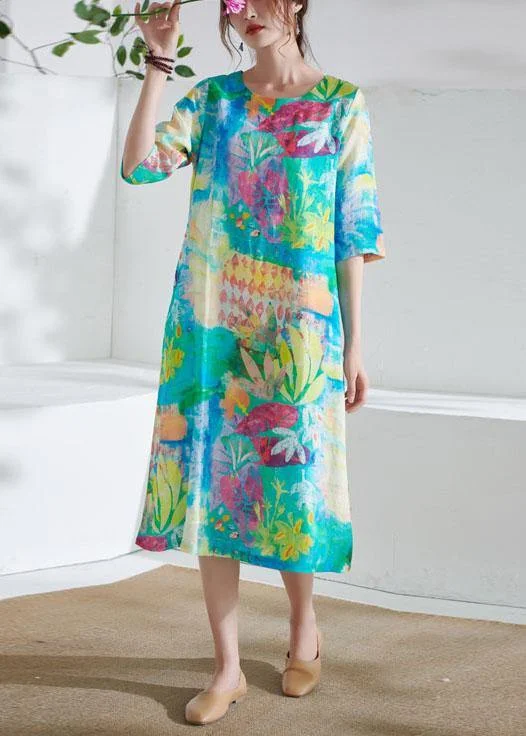 Comfy Blue O-Neck Patchwork Print Summer Ramie Party Dress Chiffon Maxi Beach