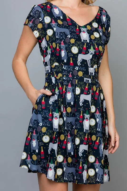 Cap Sleeve Party Dress With Pockets and Tie Back Turtleneck Neckline Stylish