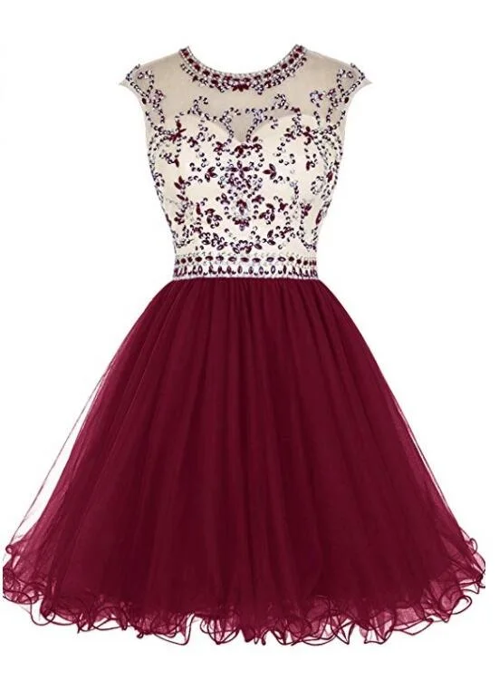 Cute Round Neckline Beaded Tulle Open Back Homecoming Dress, Short Prom Dresses Party Dresses Tunics Bestseller popular Cute Round Neckline Beaded Tulle Open Back Homecoming Dress, Short Prom Dresses Party Dresses Tunics Bestseller popular