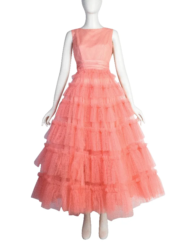 Vintage 1950s Pink Layered Mesh Tulle Tiered Cupcake Party Dress Tunics Top Casual