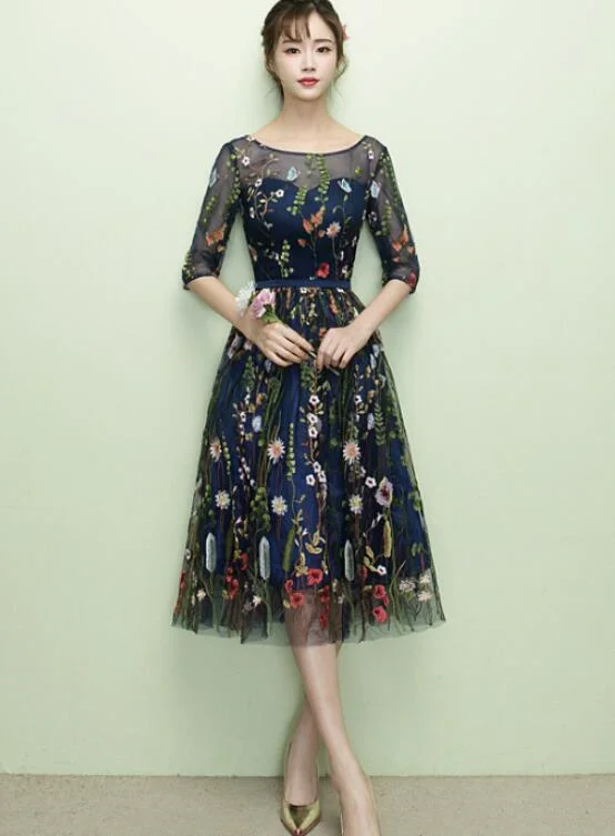 Lovely Navy Blue Lace Floral Knee Length Bridesmaid Dress, Blue Short Party Dress Tunics Long Elegant Lovely Navy Blue Lace Floral Knee Length Bridesmaid Dress, Blue Short Party Dress Tunics Long Elegant