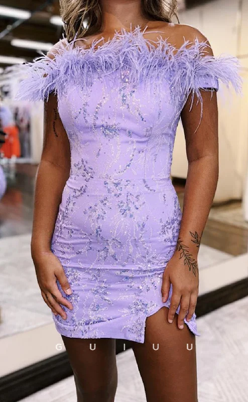 GH813 - Chic & Modern Feather Off-Shoulder Sequins Short Mini Homecoming Party Dress Tunics Seasonal trendy GH813 - Chic & Modern Feather Off-Shoulder Sequins Short Mini Homecoming Party Dress Tunics Seasonal trendy