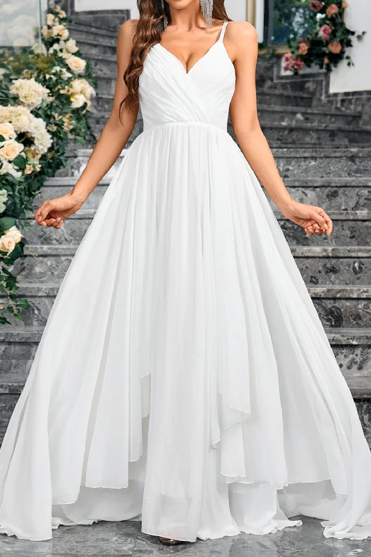White A Line Spaghetti Straps Pleated Long Party Dress Tunics Timeless classic