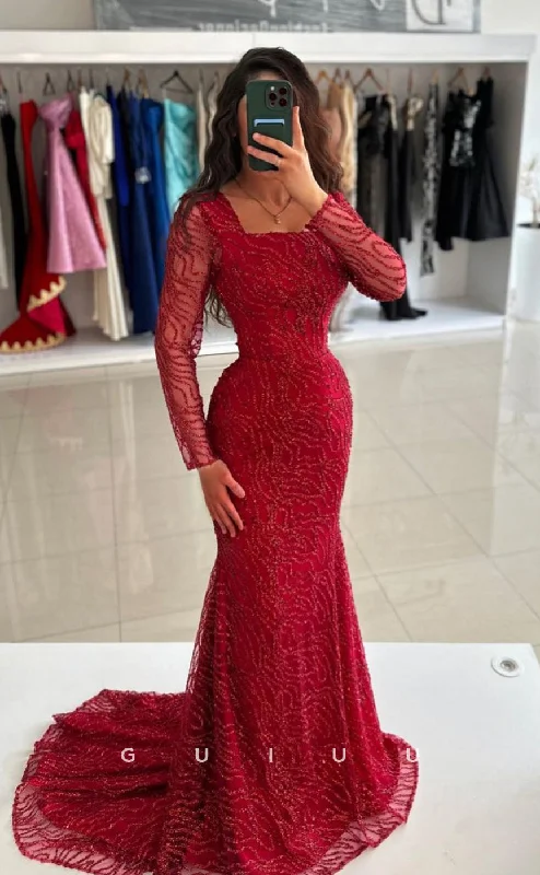 G4187 - Mermaid Square Long Sleeves Fully Sequined Beaded Tulle Long Prom Party Dress with Train Tunics Print Colorful