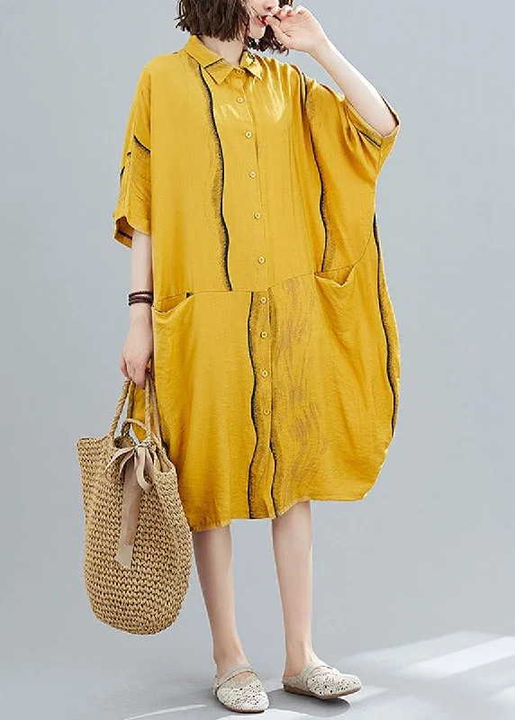Yellow Peter Pan Collar Button Summer Party Dresses Half Sleeve High-Low Hemline Casual Yellow Peter Pan Collar Button Summer Party Dresses Half Sleeve High-Low Hemline Casual