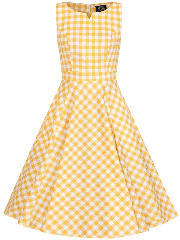 Yellow & White Check Vintage Style Gingham Swing Dress Elegant Long Evening