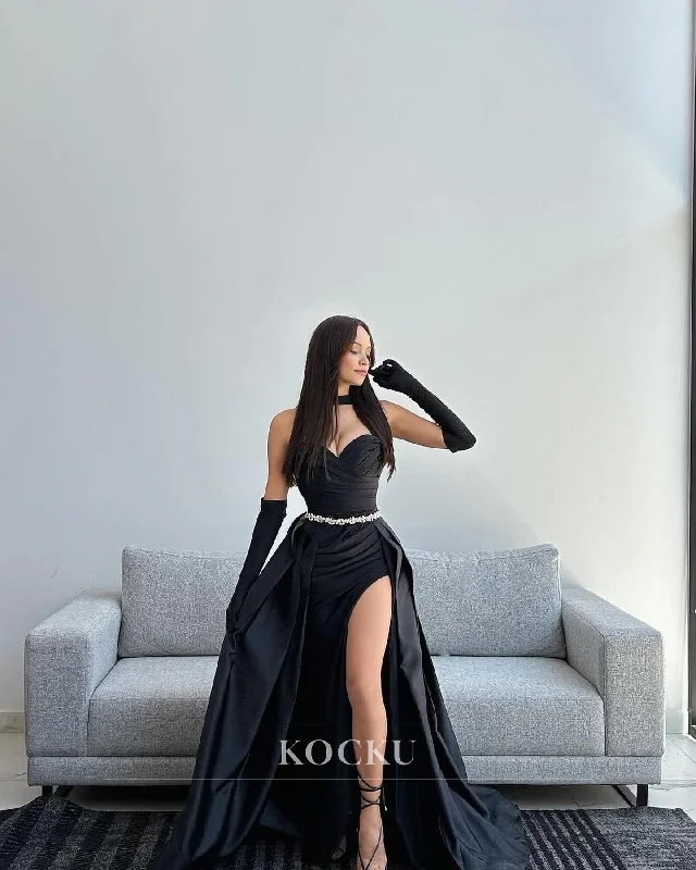 Sweetheart Sheath Prom Dress Half Sleeves High Slit Satin Train Beads Party Dress with Overskirt Tunics Sophisticated sleek Sweetheart Sheath Prom Dress Half Sleeves High Slit Satin Train Beads Party Dress with Overskirt Tunics Sophisticated sleek