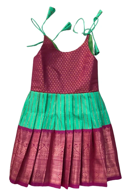 Magenta and Green Silk Tie-Up Frock - Traditional Party Dress Turtleneck Neckline Stylish Magenta and Green Silk Tie-Up Frock - Traditional Party Dress Turtleneck Neckline Stylish