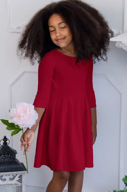 Bright Red Skater Flowy 3/4 Sleeve Easter Birthday Party Dress - Girls Tunics Cozy comfortable