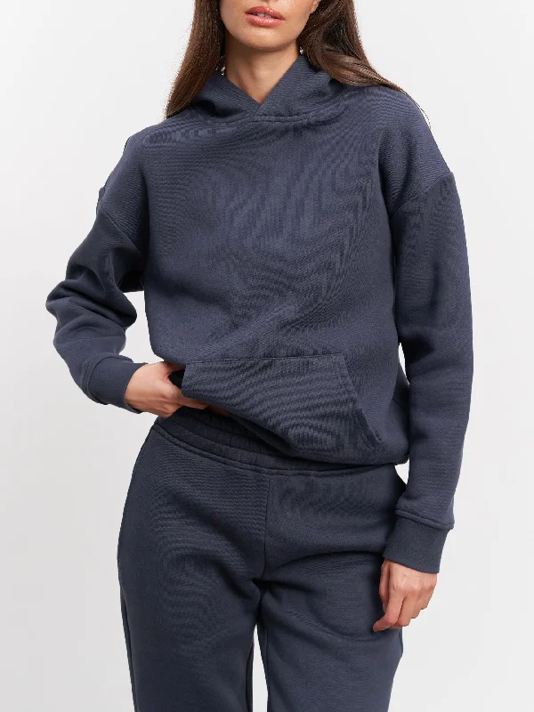 Womens Relaxed Hoodie in Slate Blue Hoodie with Cropped Fit Short Trendy