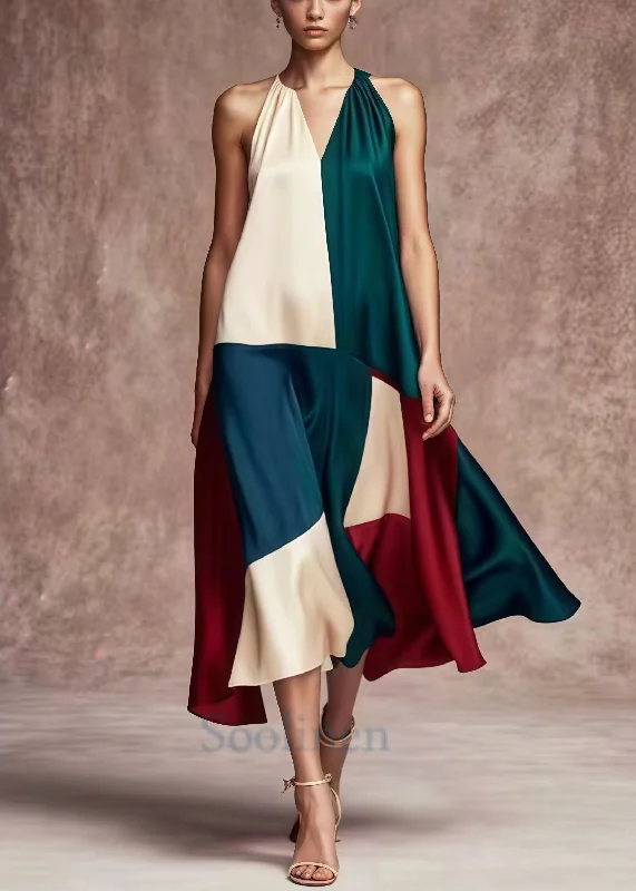 French Colorblock Asymmetrical Patchwork Silk Party Dress Summer Tunics Prom sequined French Colorblock Asymmetrical Patchwork Silk Party Dress Summer Tunics Prom sequined