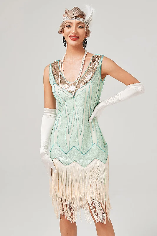Sequins Green Short 1920s Party Dress Crew Neckline Casual