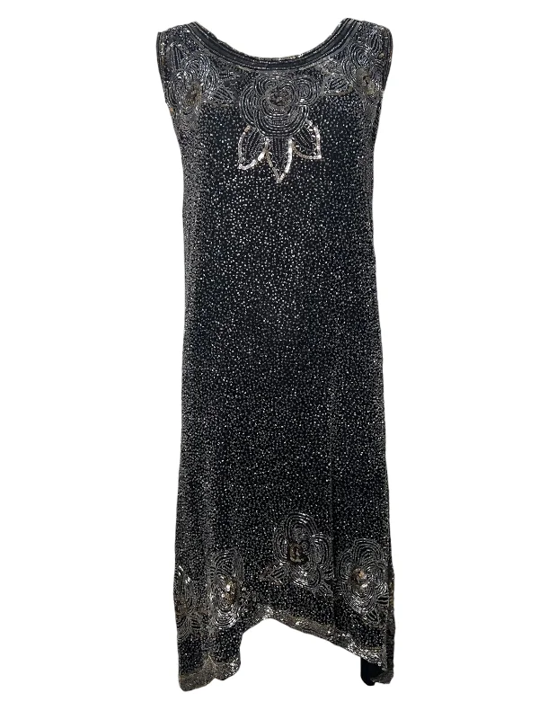 Authentic 1920's Gold and Silver Cotton Beaded and Sequined Black Shift Dress Tunics Party sparkling