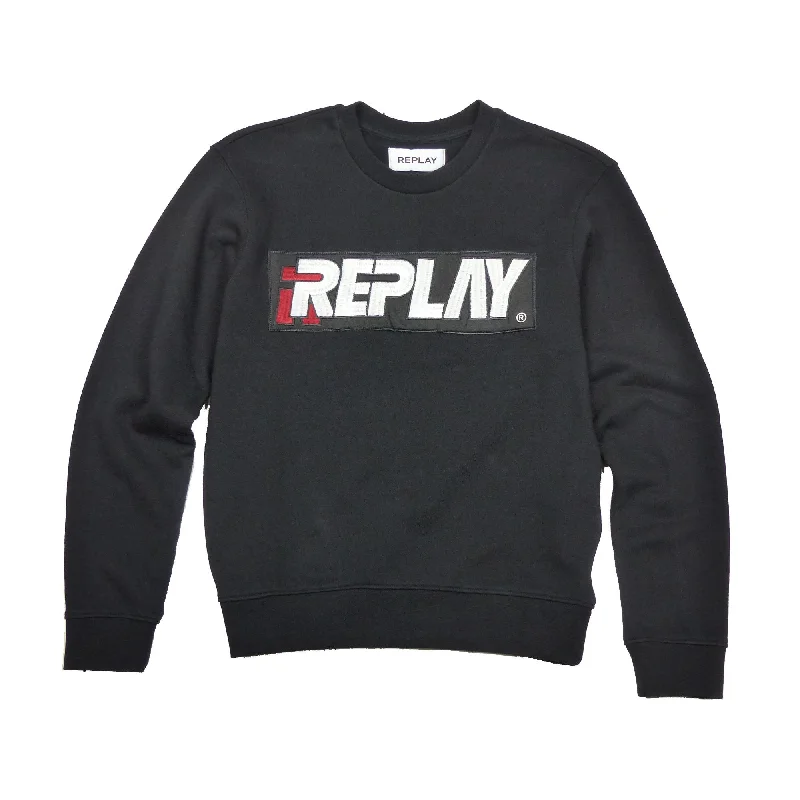 Replay Womens W3971L Embroidered Logo Crew Neck Sweatshirt, Black Hoodie with Camouflage Military Edgy Replay Womens W3971L Embroidered Logo Crew Neck Sweatshirt, Black Hoodie with Camouflage Military Edgy