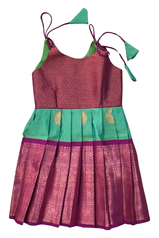 Deep Pink and Green Silk Tie-Up Frock with Gold Accents - Vibrant Party Dress sweetheart Neckline Romantic Deep Pink and Green Silk Tie-Up Frock with Gold Accents - Vibrant Party Dress sweetheart Neckline Romantic