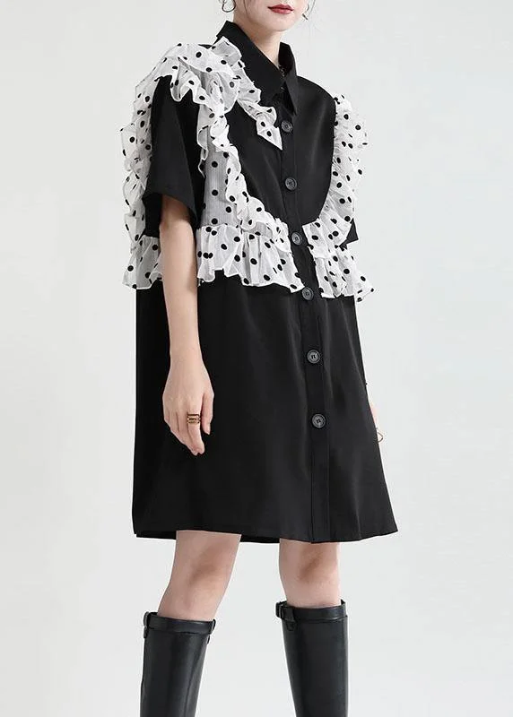 Women Black Ruffles Patchwork Summer Button Party Dress Short Sleeve Off-the-shoulder Bohemian Festive Women Black Ruffles Patchwork Summer Button Party Dress Short Sleeve Off-the-shoulder Bohemian Festive