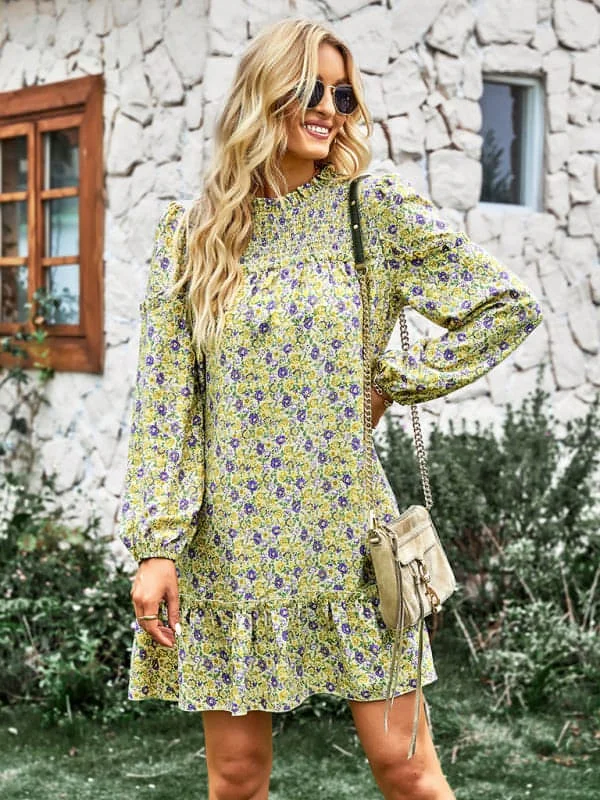 Women's fashion waist reduction holiday loose Floral Dress Tunics Satin smooth