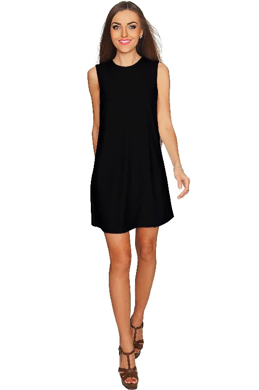 Onyx Black A-line Classic Sleeveless Shift Party Dress - Women Tunics Gym athletic