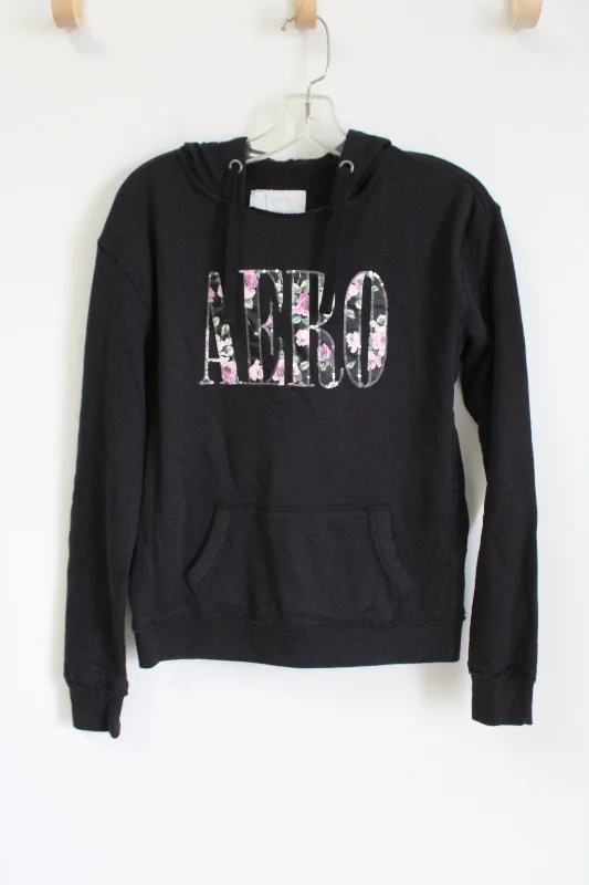 Aeropostale Black Floral Logo Hoodie | M Hoodie with Button Classic Timeless