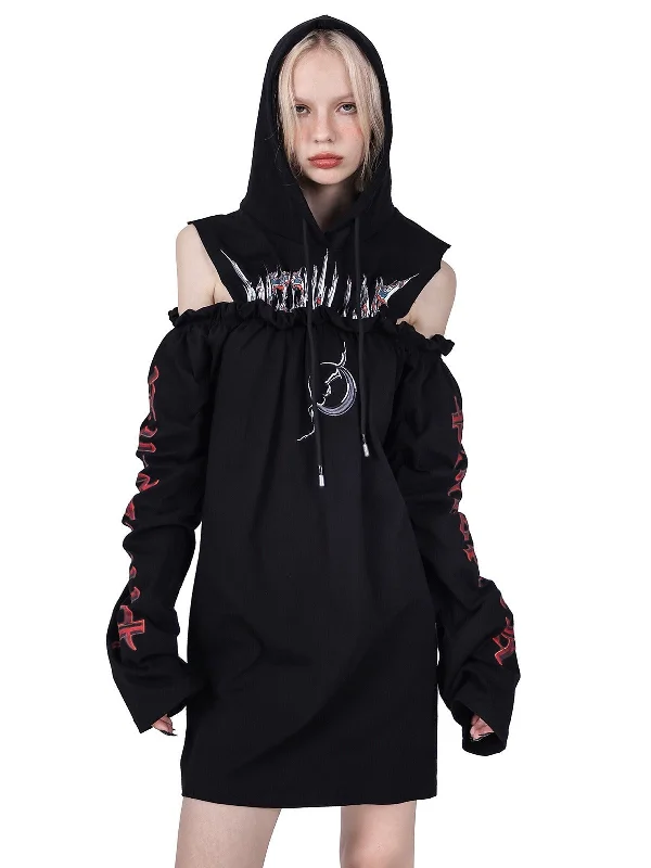 PINKSPINK Gothic Off-Shoulder Hoodie - Black Hoodie with Snap Buttons Easy Quick