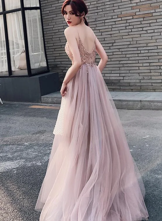 Pink Beaded High Slit Spaghetti Straps Long Junior Prom Dress, V Back Party Dress Tunics Lace romantic Pink Beaded High Slit Spaghetti Straps Long Junior Prom Dress, V Back Party Dress Tunics Lace romantic