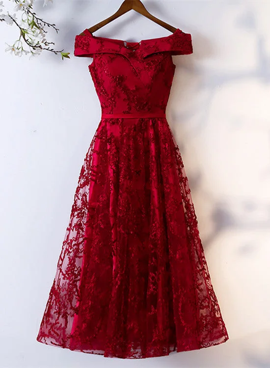 Dark Red Lace Off Shoulder Short Party Dress Formal Dress, Wine Red Homecoming Dresses Tunics Luxurious premium