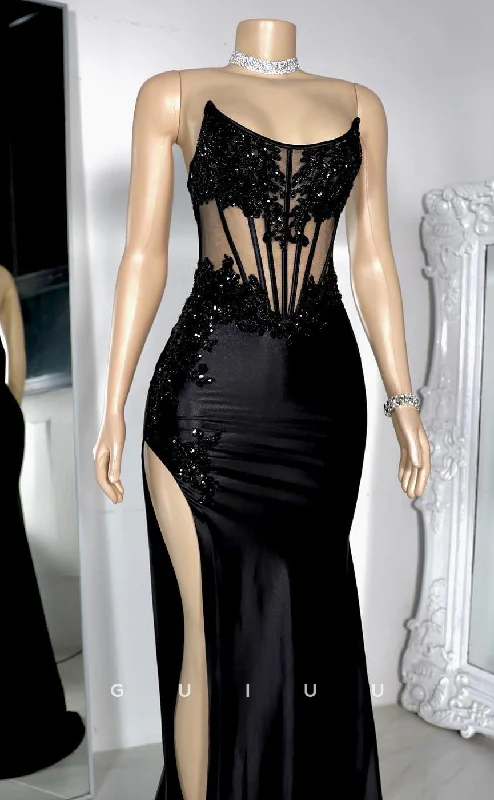 G4124 -Column Boat Neck Sleeveless Appliques Illsion Back Zipper Black Prom Party Dress with Train and Slit Tunics Solid Classic