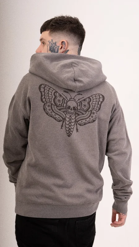 Zip Faded Death Moth Hoodie - Grey Hoodie with Pattern Geometric Abstract