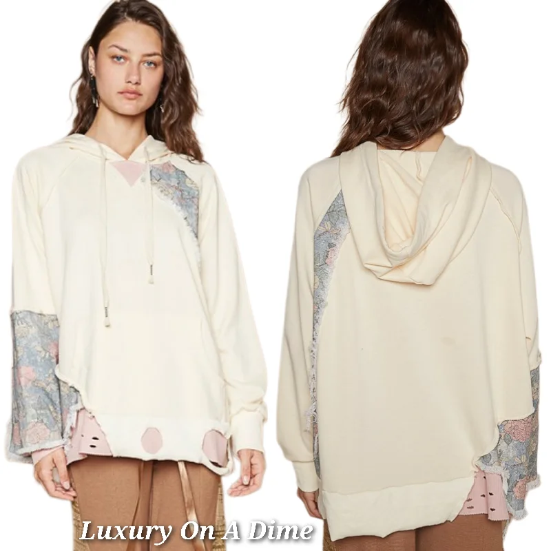 POL Hoodie Floral Contrast Patchwork Top Distressed Raw Exposed Seam Sweatshirt Hoodie with Cuffed Sleeves Snug Secure POL Hoodie Floral Contrast Patchwork Top Distressed Raw Exposed Seam Sweatshirt Hoodie with Cuffed Sleeves Snug Secure