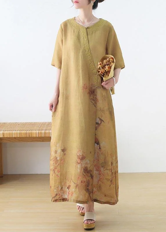 Fashion Yellow Print Oriental Party Dress Summer Linen Dress Tunics Practical easy-care Fashion Yellow Print Oriental Party Dress Summer Linen Dress Tunics Practical easy-care