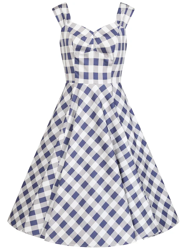 Blue & White Check Vintage Style Gingham Swing Dress Crew Neckline Sporty