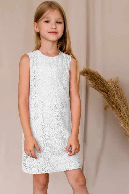 White Crochet Lace Sleeveless Shift Fancy Cocktail Party Dress - Girls Tunics Occasion special White Crochet Lace Sleeveless Shift Fancy Cocktail Party Dress - Girls Tunics Occasion special