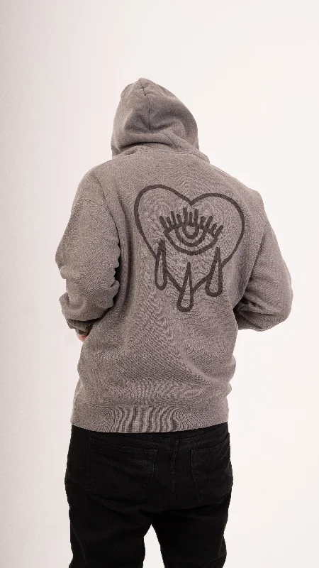 Zip Faded Crying Heart Hoodie - Grey Hoodie with Color Block Contrast Stylish