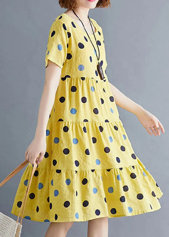 Beautiful Yellow O-Neck Dot Print Cotton Party Dress Short Sleeve Tunics Spring floral Beautiful Yellow O-Neck Dot Print Cotton Party Dress Short Sleeve Tunics Spring floral