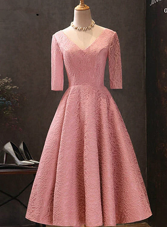 Pink V-neckline Lace Short Sleeves Tea Length Wedding Party Dress, Short Prom Dress Tunics Plaid country Pink V-neckline Lace Short Sleeves Tea Length Wedding Party Dress, Short Prom Dress Tunics Plaid country