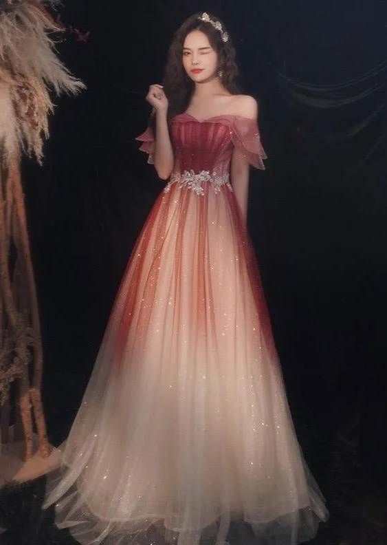 Beautiful Gradient Red Tulle Off Shoulder Long Party Dress, Red Evening Gown Party Dress Tunics Ceremony elegant Beautiful Gradient Red Tulle Off Shoulder Long Party Dress, Red Evening Gown Party Dress Tunics Ceremony elegant