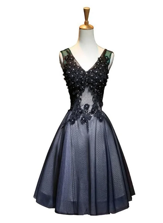 Black V-neckline Tulle with Lace Applique Party Dress, Black Homecoming Dress sweetheart Neckline Romantic Black V-neckline Tulle with Lace Applique Party Dress, Black Homecoming Dress sweetheart Neckline Romantic