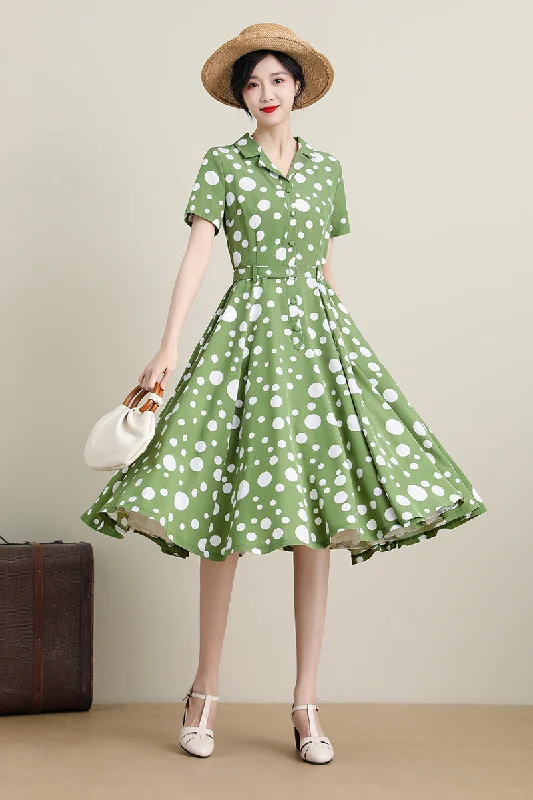 Women Midi Green Polka Dot Swing Shirtwaist Dress 3309,Size XS #CK2200092 Tunics Office stylish