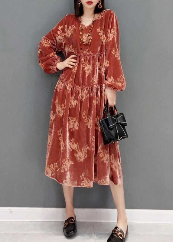 Red Velour Party Dress V Neck Cinched Spring Tunics Corduroy durable