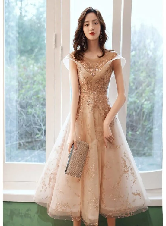 Light Champagne Applique Tulle Cap Sleeves Party Dress, Tea Length Formal Dress Bridesmaid Dress Peplum Ruffle Cocktail Light Champagne Applique Tulle Cap Sleeves Party Dress, Tea Length Formal Dress Bridesmaid Dress Peplum Ruffle Cocktail
