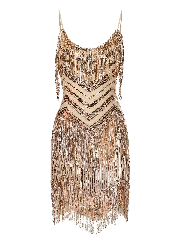Beige 1920s Spaghetti Strap Fringe Sequins Party Dress Mermaid Tail Wedding