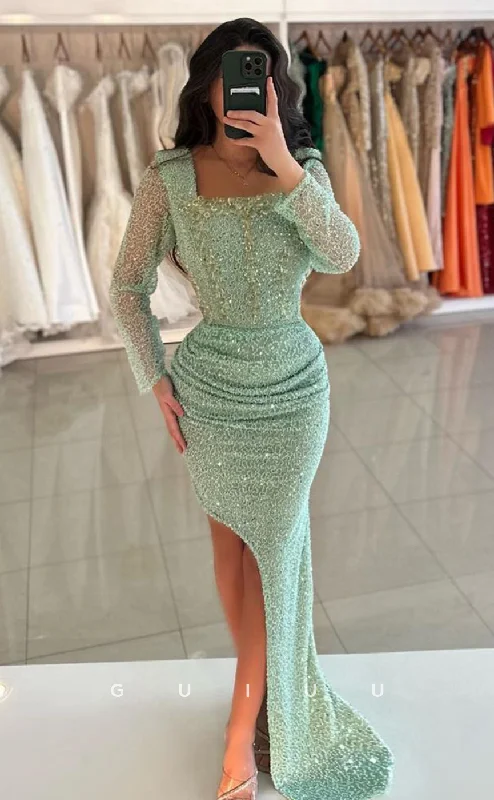 G4038 - Mermaid Square Neck Long Sleeves Fully Sequined Pleated Long Prom Party Dress with Train Tunics Floral girly G4038 - Mermaid Square Neck Long Sleeves Fully Sequined Pleated Long Prom Party Dress with Train Tunics Floral girly